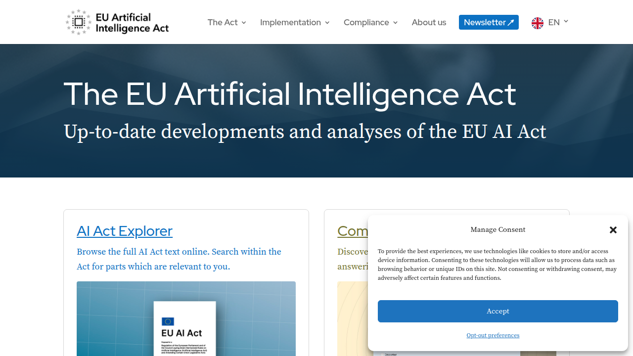 Screenshot of the European Union's AI Act website, highlighting key regulatory information.