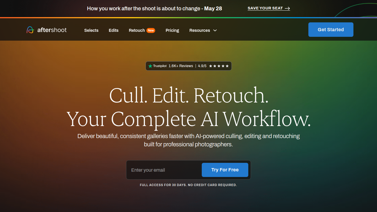 Screenshot of Aftershoot.com's homepage, showcasing its automated AI photo editing capabilities for photographers.