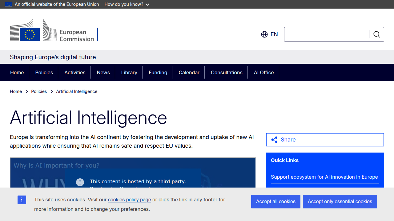 Screenshot of the European Commission's digital strategy website, detailing policies and initiatives related to artificial intelligence, including the EU AI Act.