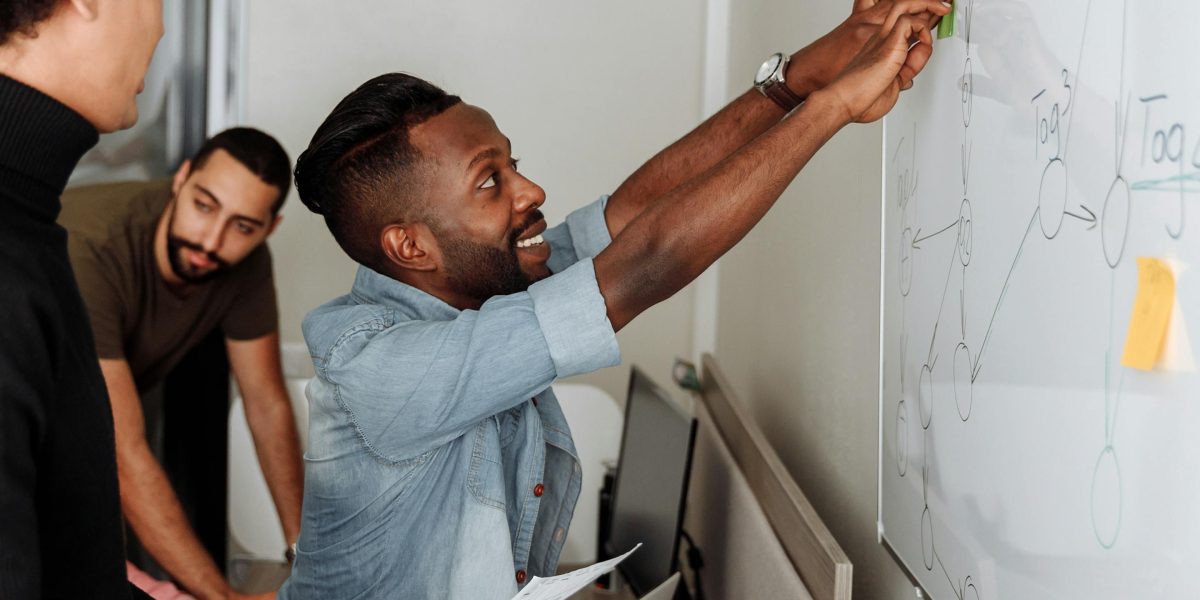 A diverse team collaborating and brainstorming ideas around a whiteboard, showcasing teamwork.