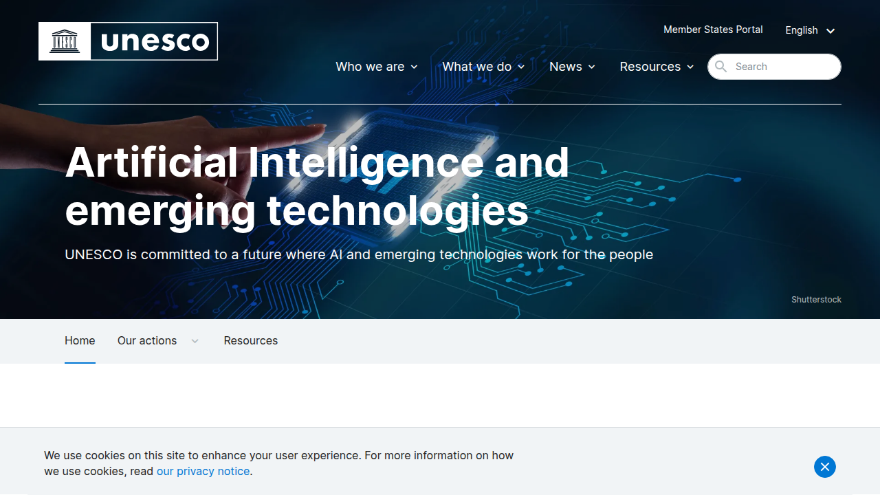 Screenshot of the UNESCO website, highlighting their work and recommendations on AI ethics and human rights.