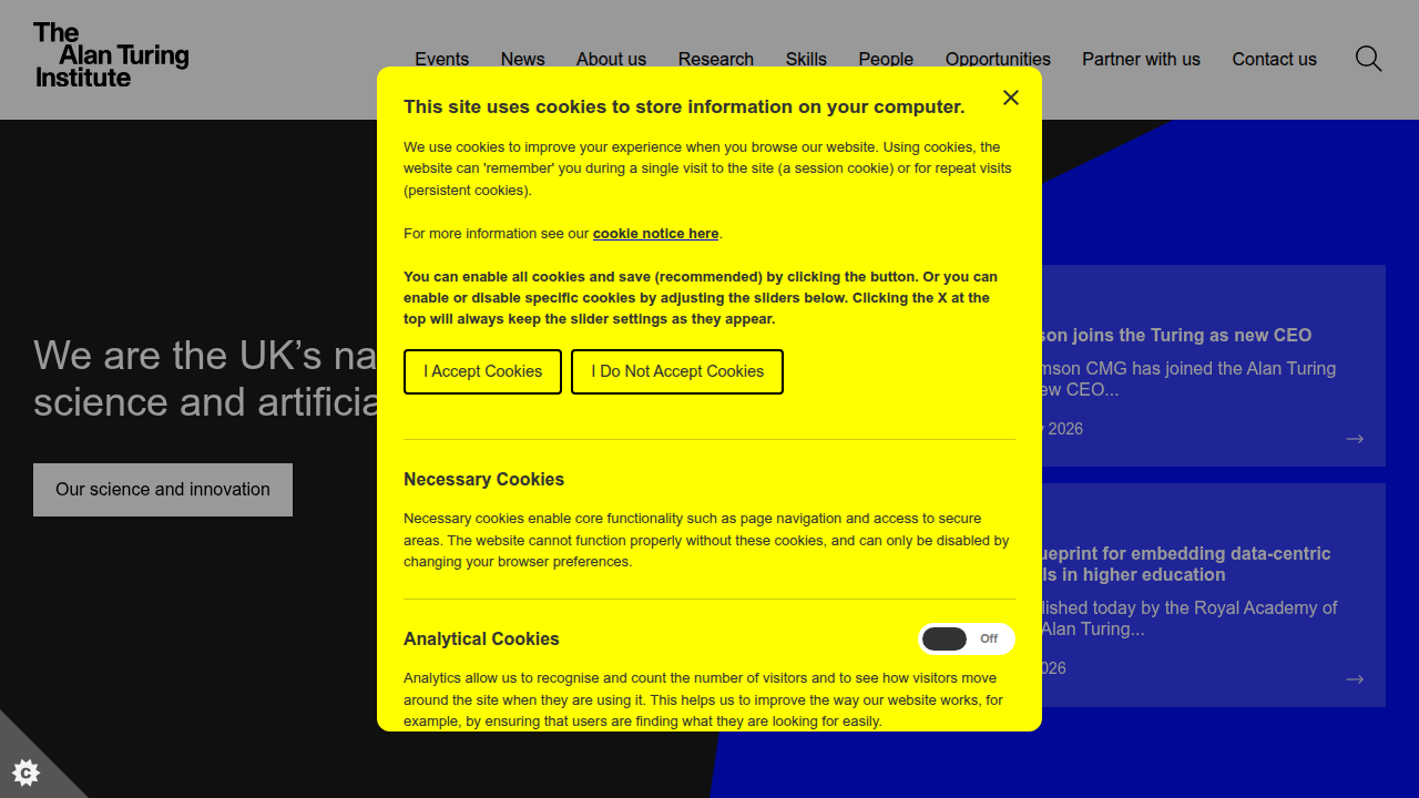 Screenshot of The Alan Turing Institute's homepage, showcasing their research and work in data science and AI.