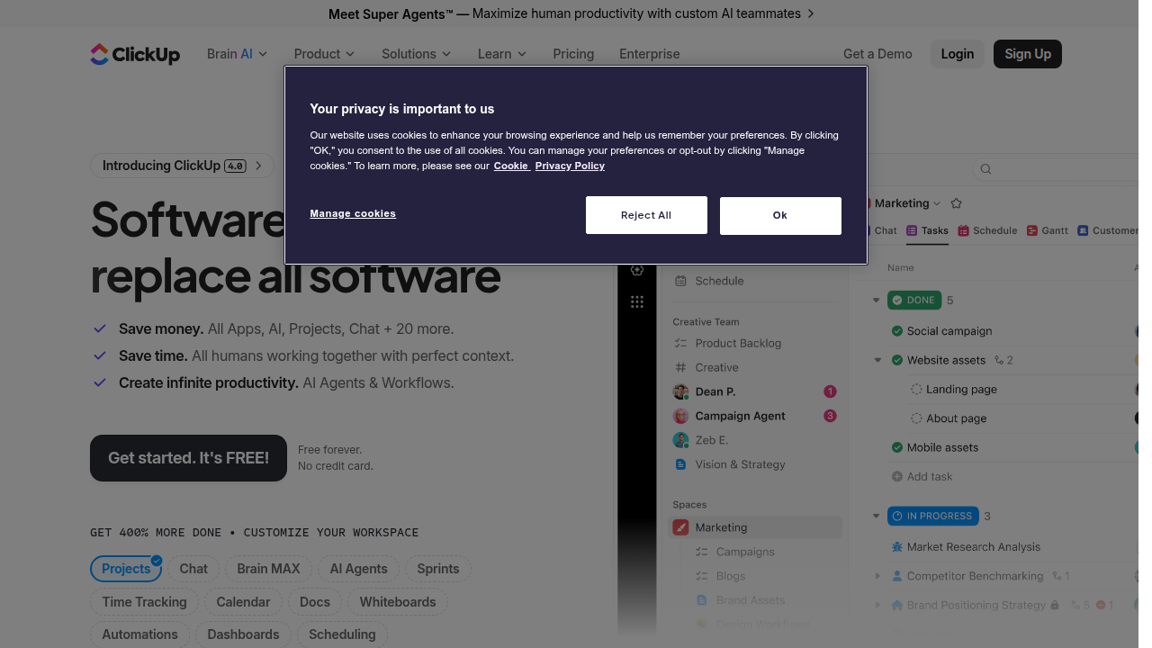 ClickUp's interface demonstrating AI features for streamlined project management and task automation.