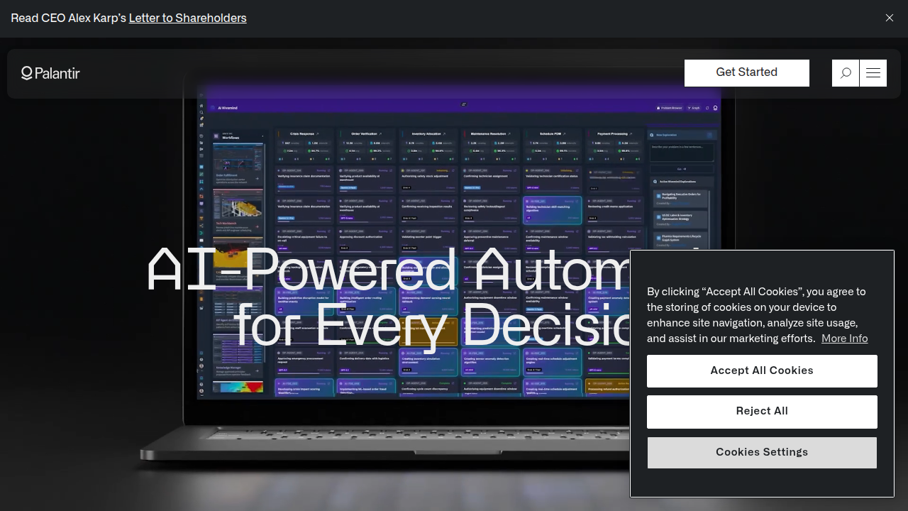 The official homepage of Palantir Technologies, showcasing its focus on AI-powered data solutions for complex challenges.