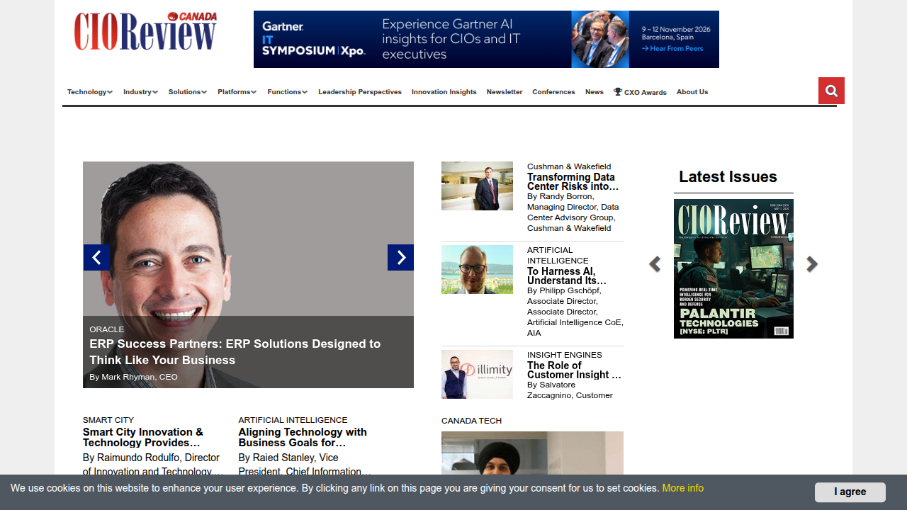 The homepage of CIOReview, a technology magazine featuring articles on innovative companies and tech trends.