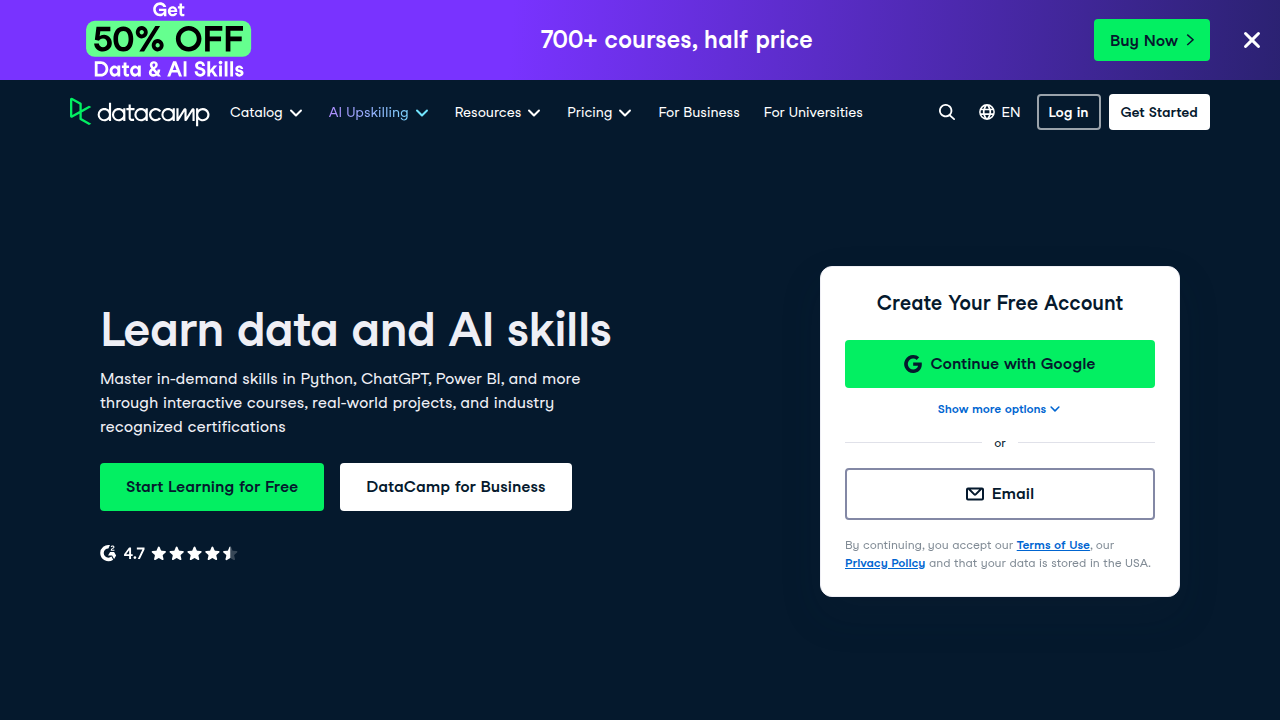 DataCamp offers structured learning paths and interactive courses for data science and AI skills.