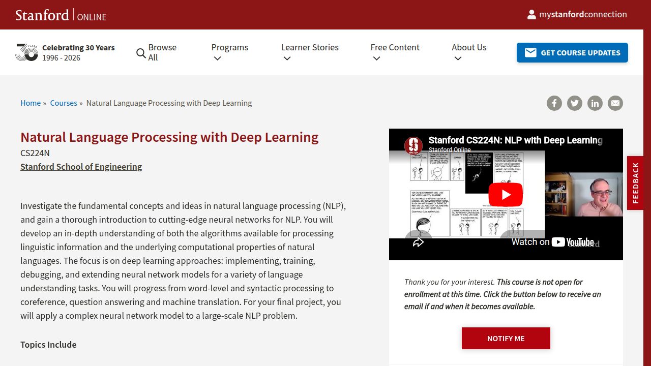 The Stanford Online page for CS224n, their advanced course on Natural Language Processing with Deep Learning.