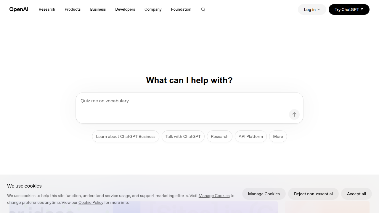 OpenAI's website, showcasing their cutting-edge work in generative AI models and research.