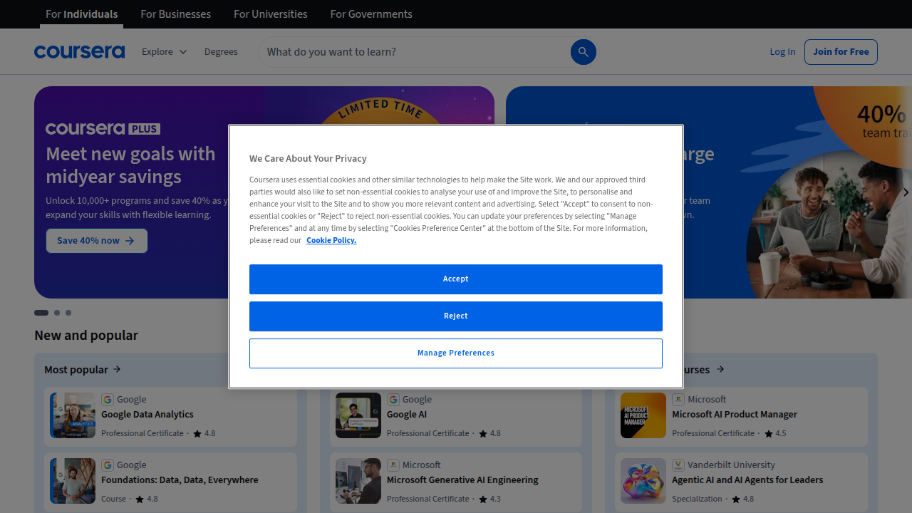 The homepage of Coursera, an online learning platform offering courses on artificial intelligence, data science, and technology.