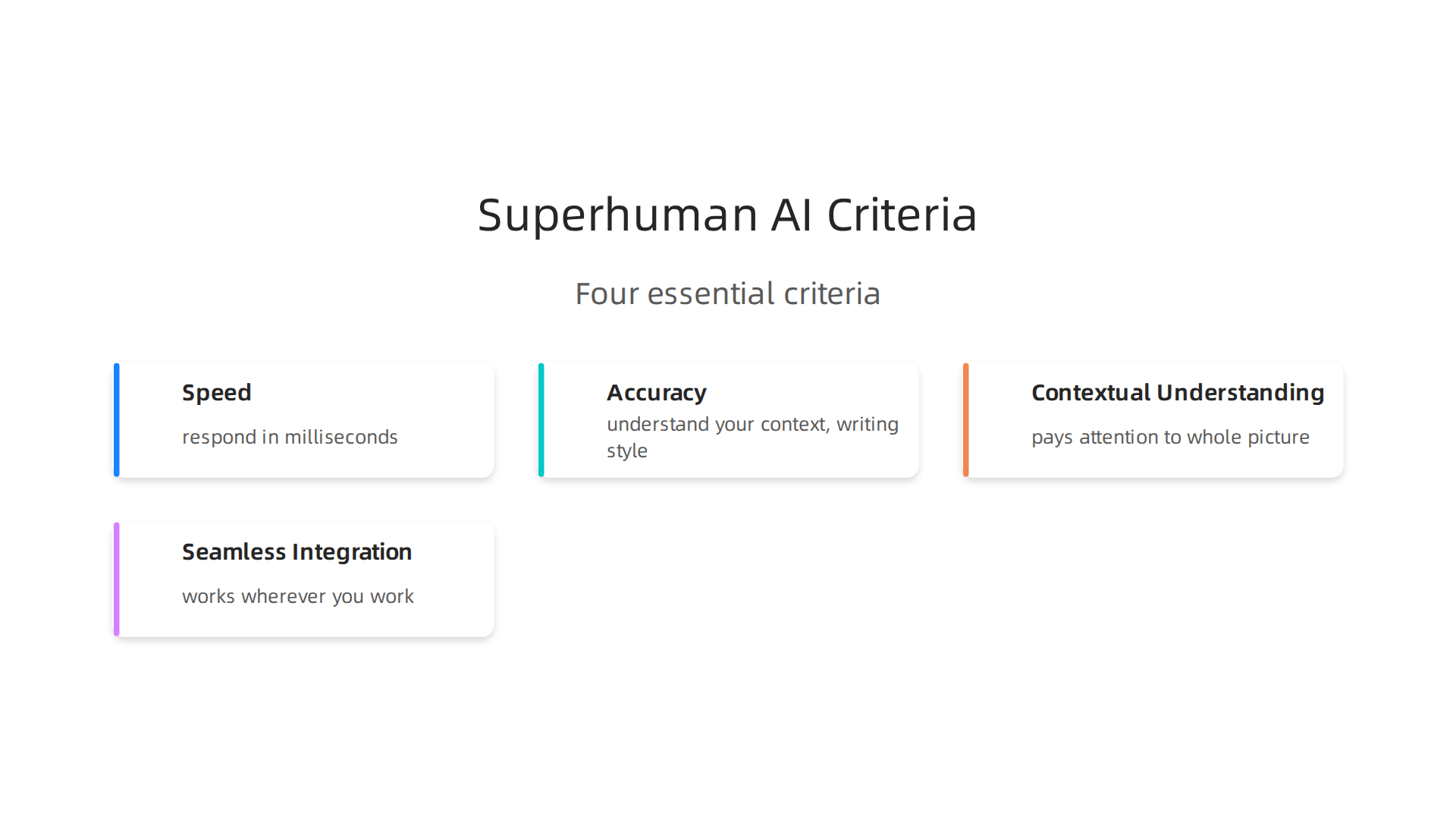 Four essential criteria that define truly superhuman AI productivity tools, ensuring they amplify human capabilities.