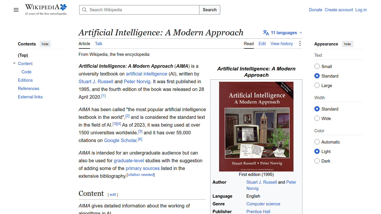 The Wikipedia entry highlights the widespread adoption of 'Artificial Intelligence: A Modern Approach' globally.