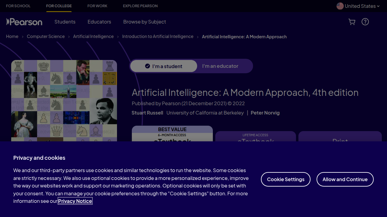 The official Pearson product page for 'Artificial Intelligence: A Modern Approach, 4th US ed.' provides detailed book information.