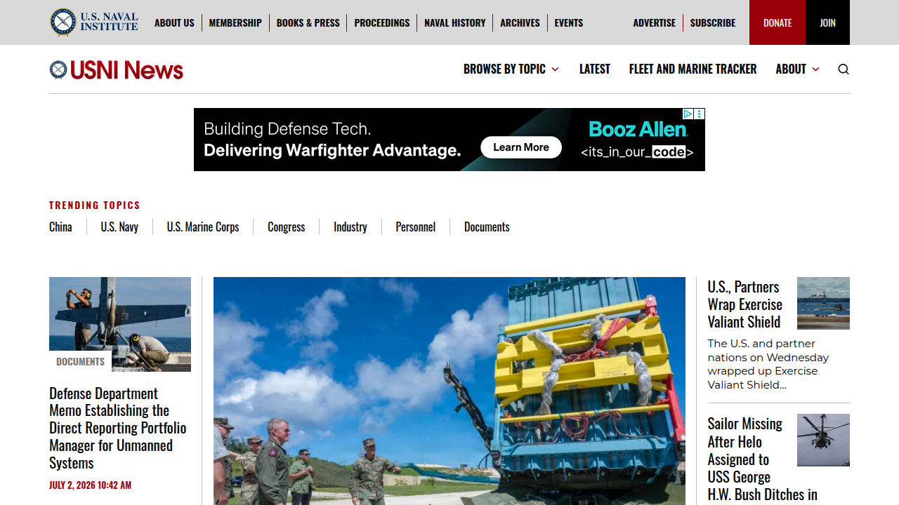 The homepage of USNI News, publisher of the 2018 Report to Congress on AI and National Security.