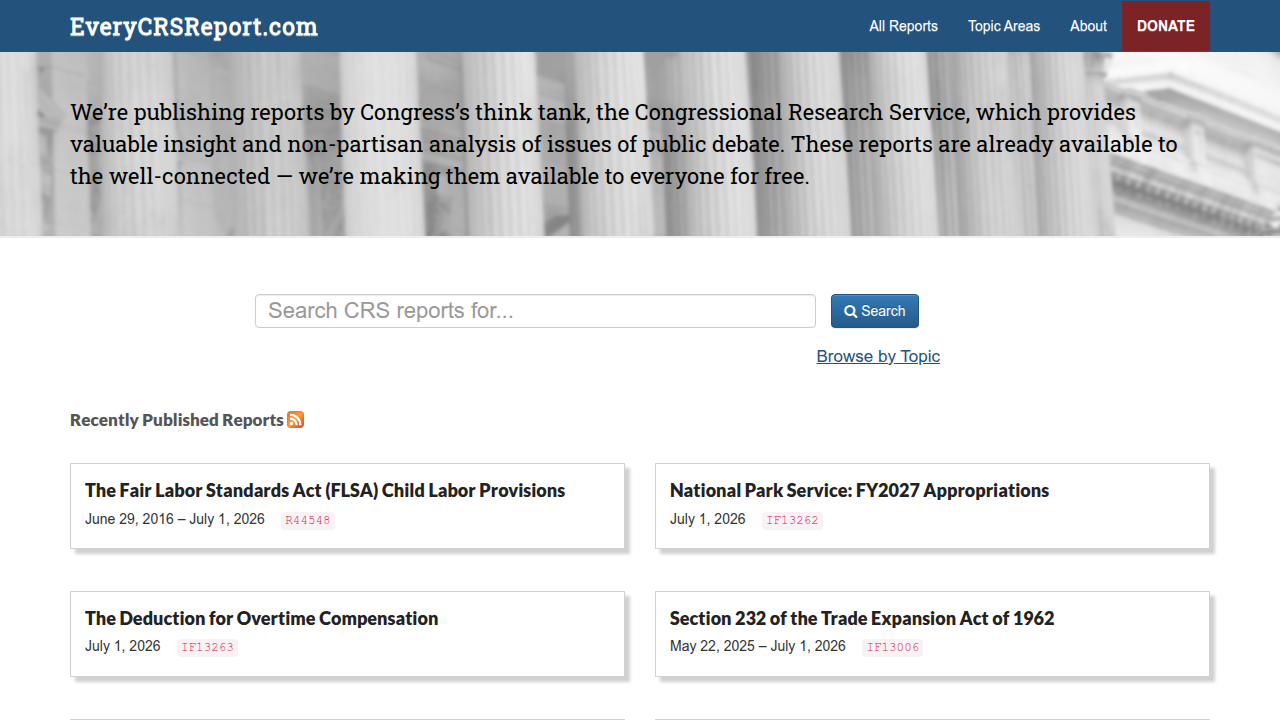 The EveryCRSReport.com website, a public resource for Congressional Research Service reports on various topics including AI.