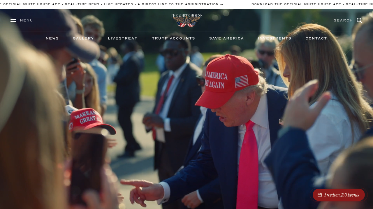 The homepage of the White House website, a source for presidential actions and national security memorandums.