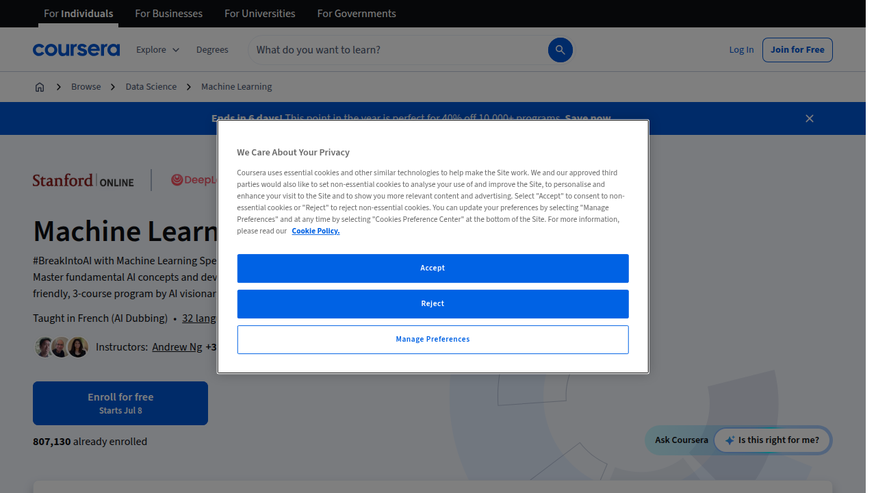 Screenshot of Andrew Ng's Machine Learning Specialization page on Coursera, highlighting its high rating and popularity.