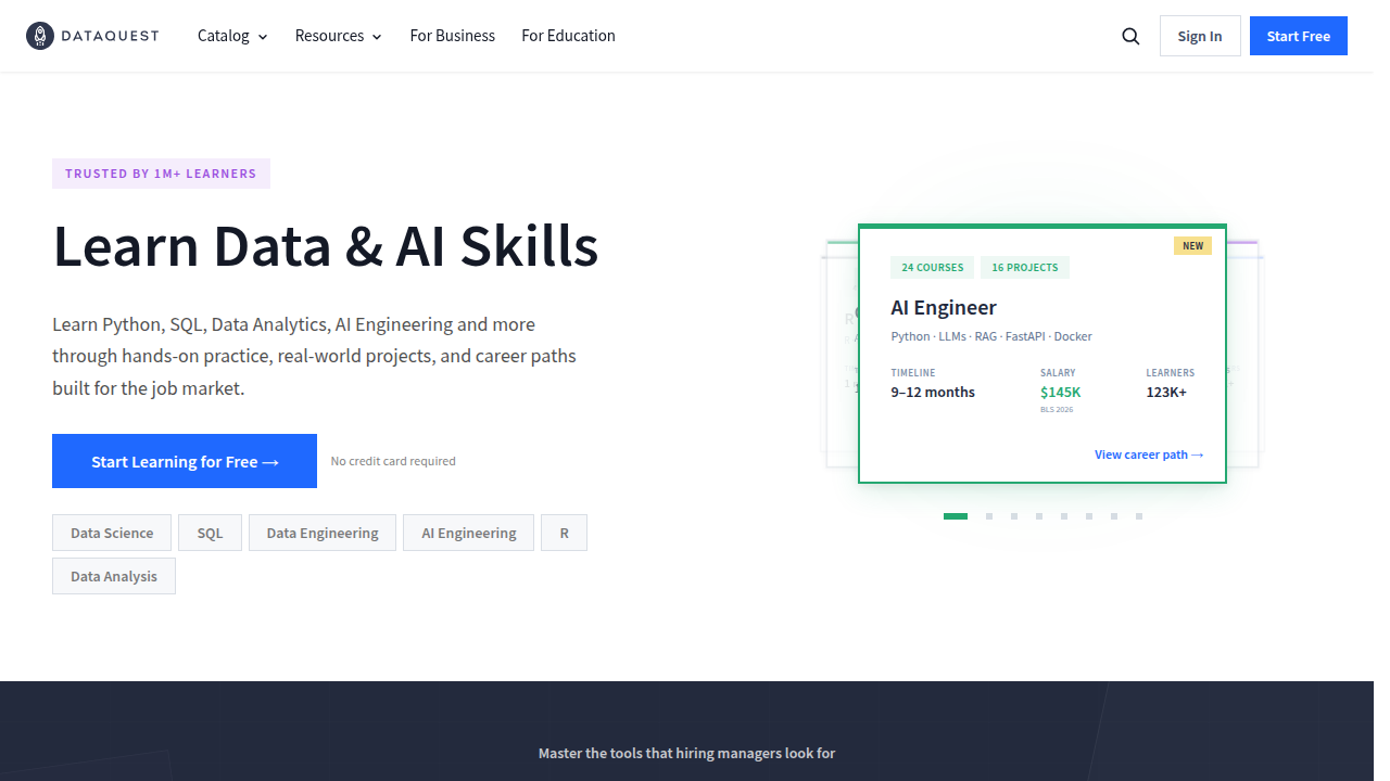 A screenshot of Dataquest's homepage, a platform for learning data science skills.