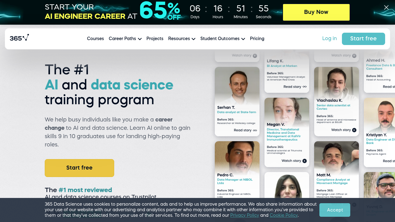An overview of the 365 Data Science platform, known for its comprehensive curriculum in data science and AI tools.