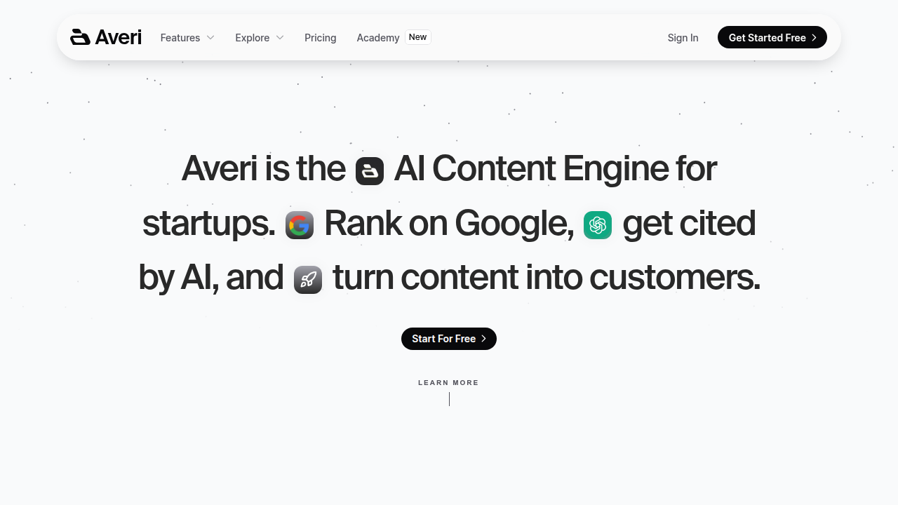 Averi.ai's website, featuring their services for AI content engine workflows and business efficiency.