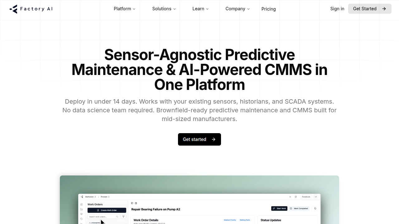 Screenshot of the F7i.ai homepage, showcasing industrial AI and analytics solutions for manufacturing.
