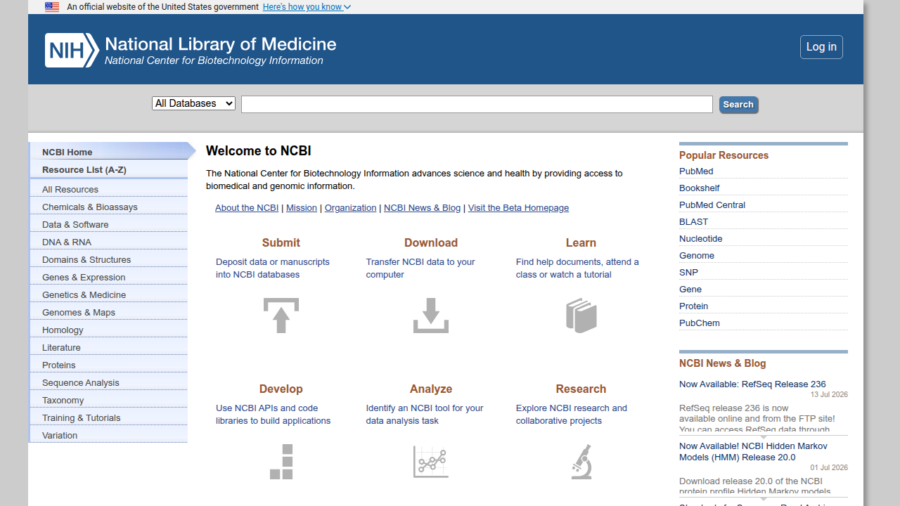Screenshot of the National Center for Biotechnology Information (NCBI) PubMed homepage, a resource for biomedical literature.