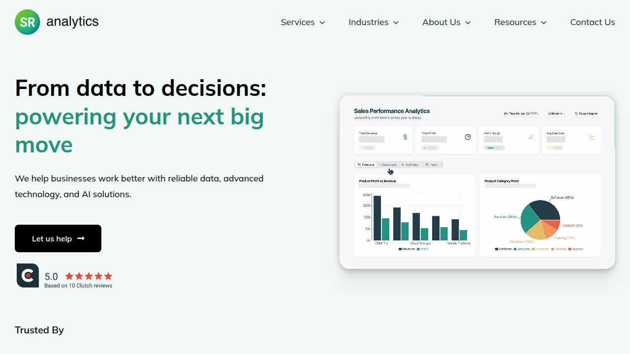 Screenshot of SR Analytics homepage, a resource for data governance strategy.