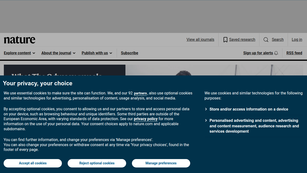 Screenshot of Nature.com homepage, providing access to academic research on data literacy.