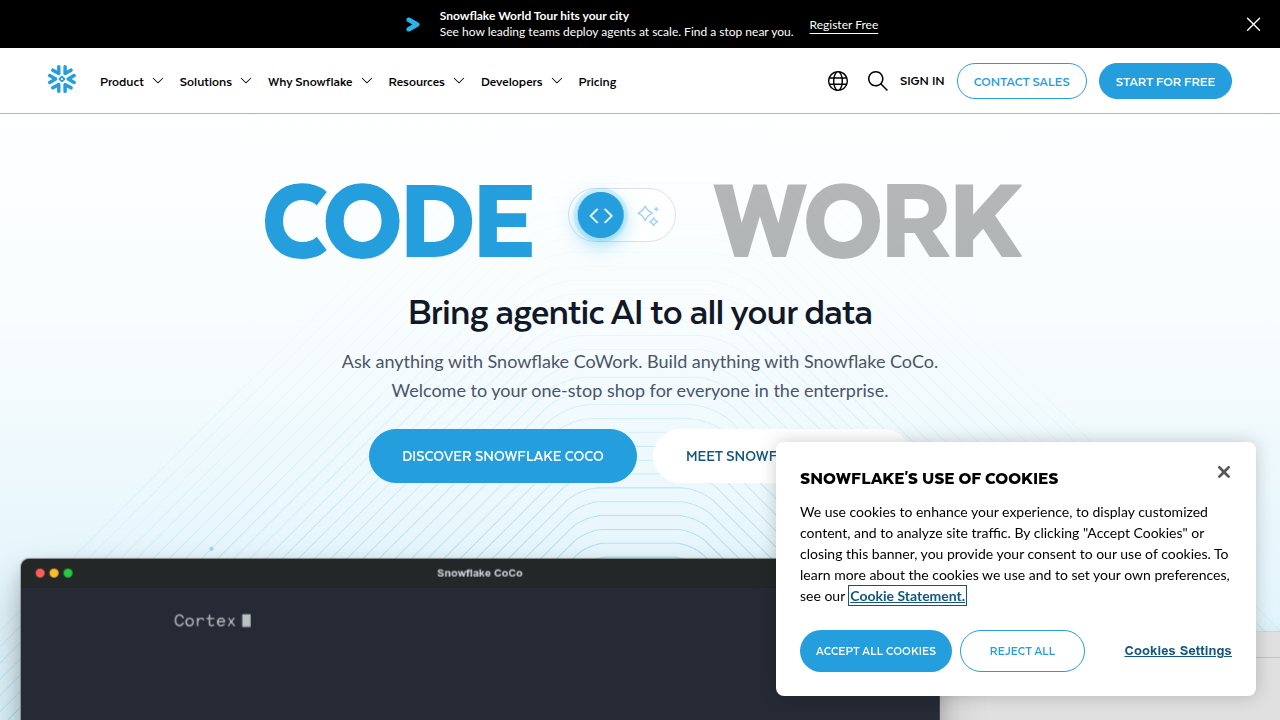 Screenshot of Snowflake homepage, a platform offering data warehousing solutions.