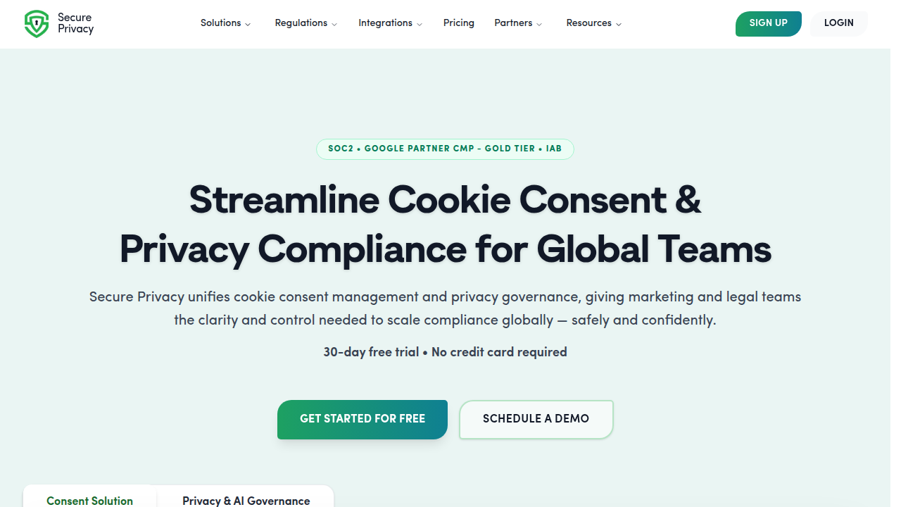 Screenshot of Secure Privacy homepage, focusing on AI risk and compliance solutions.