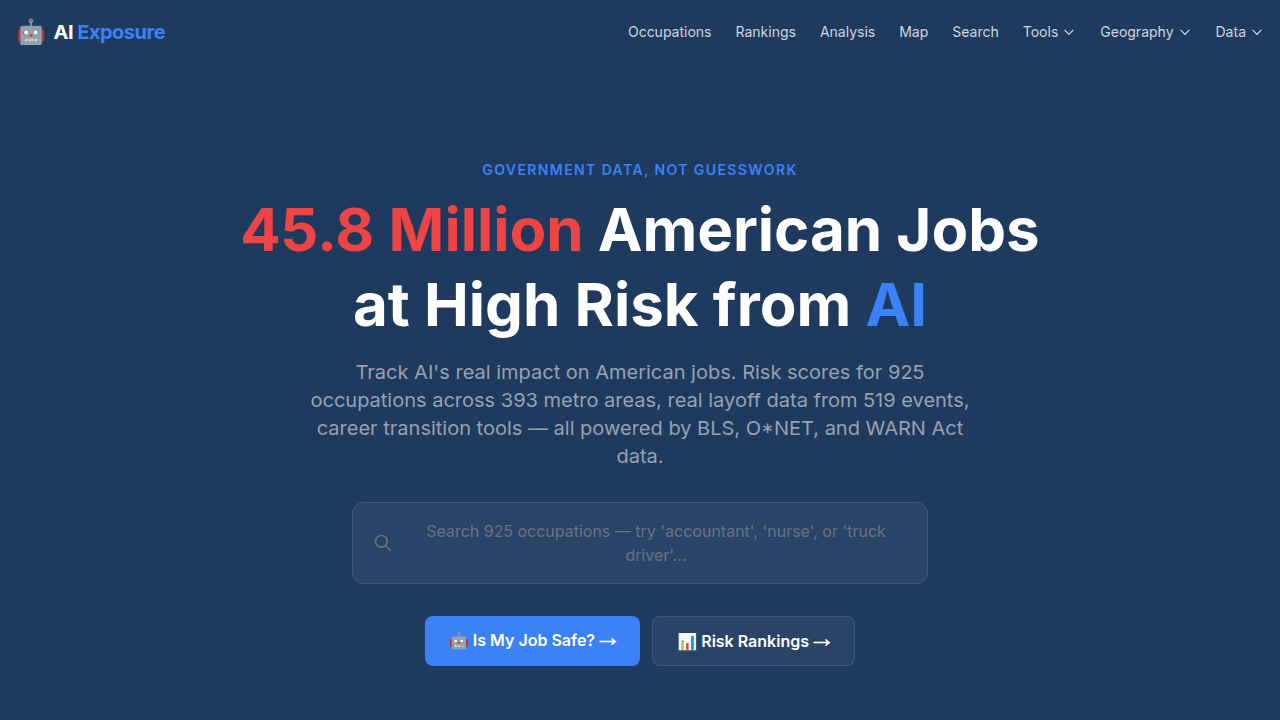 Homepage of AI Exposure, a resource for AI job displacement statistics.