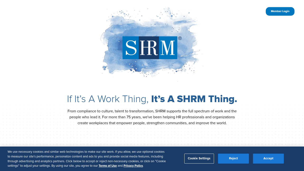 The Society for Human Resource Management (SHRM) homepage, providing resources on workforce topics.