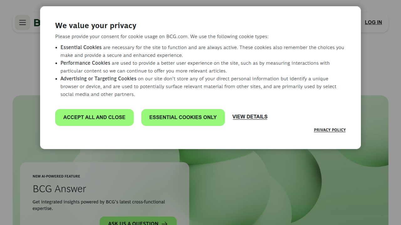 The Boston Consulting Group (BCG) homepage, a leading management consulting firm.
