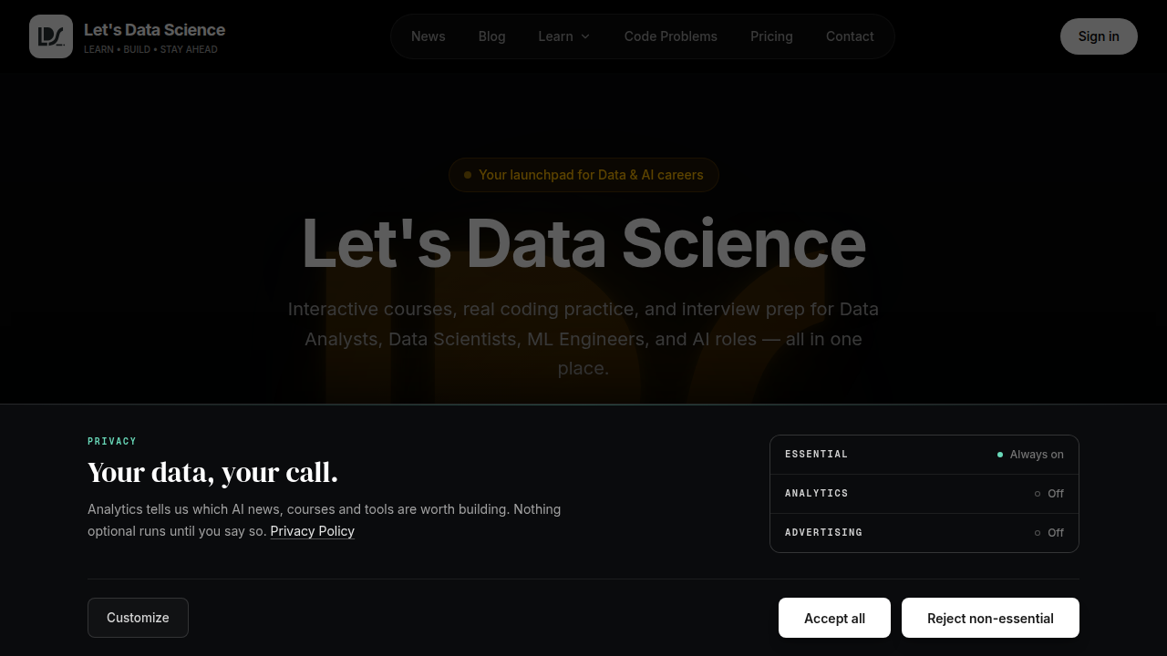 The homepage of LetsDataScience, a resource for data science insights.