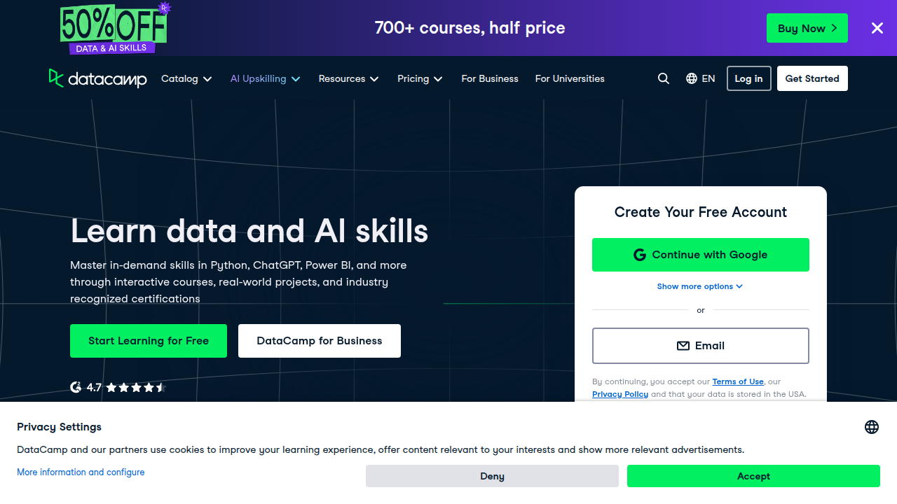 DataCamp's website, a popular resource for learning data science skills, from Python and SQL to machine learning.
