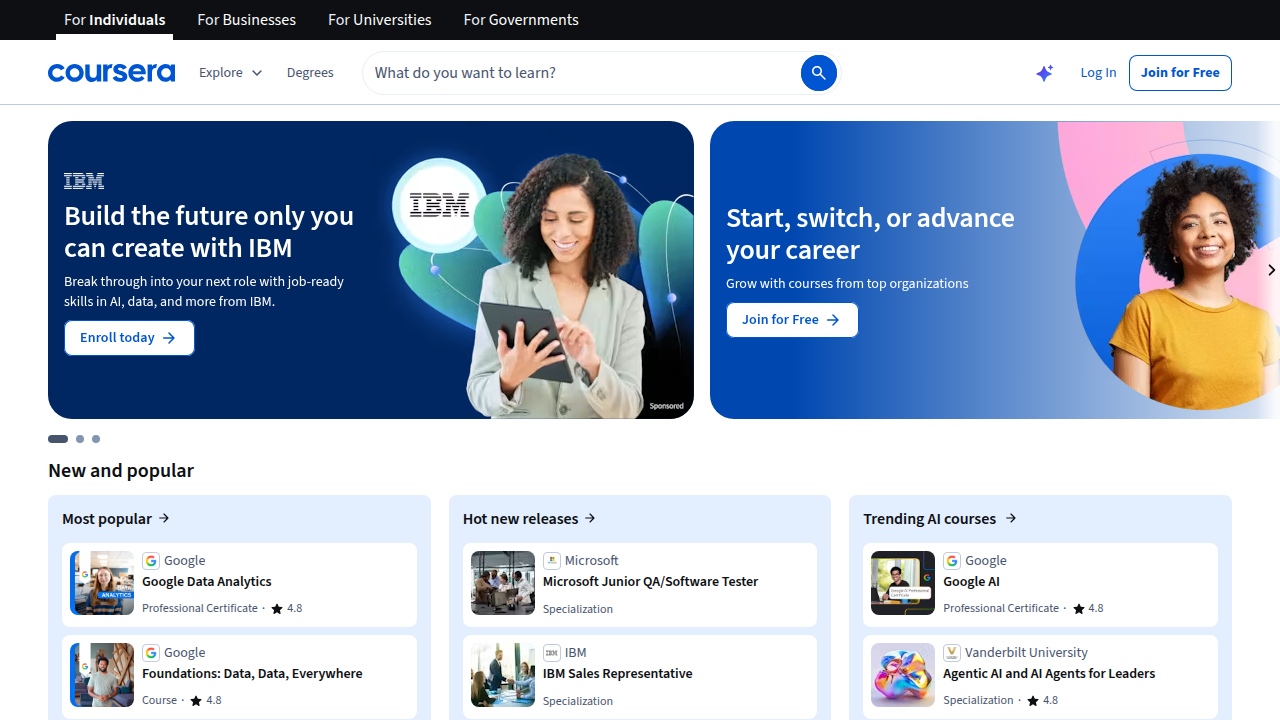 Coursera's resources page, offering guides and preparation materials for data science job interviews and career pathways.