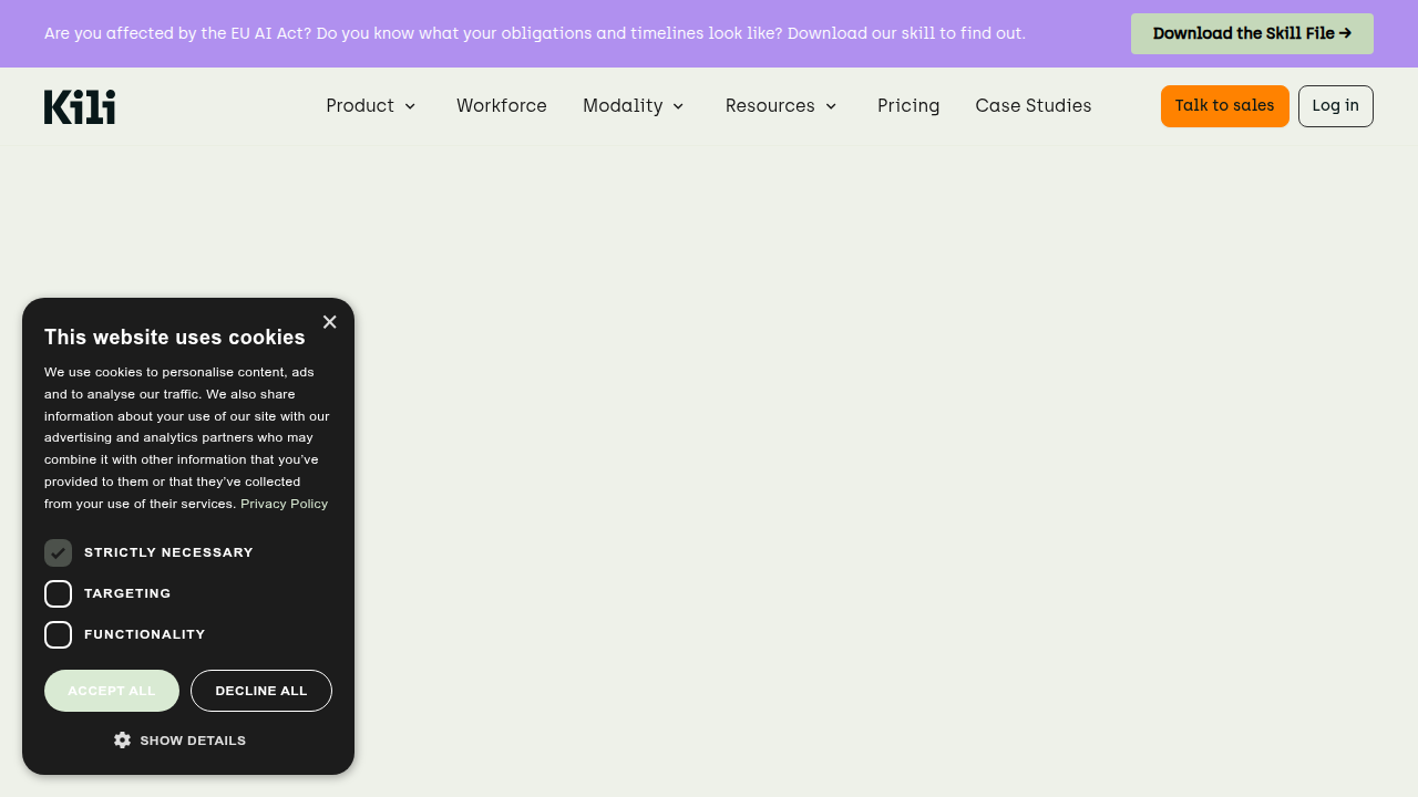 Homepage of Kili Technology, which offers insights into domain-specific LLM benchmarks.