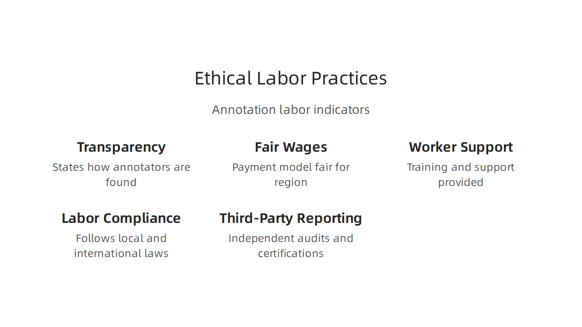 Key indicators of ethical and fair labor practices in data annotation services.