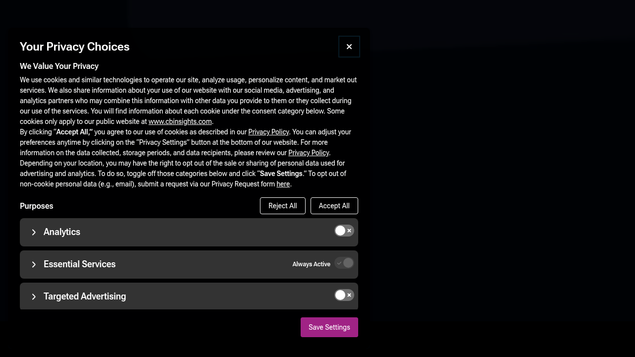 Screenshot of the CB Insights homepage, a platform known for tracking venture capital funding and startup trends.