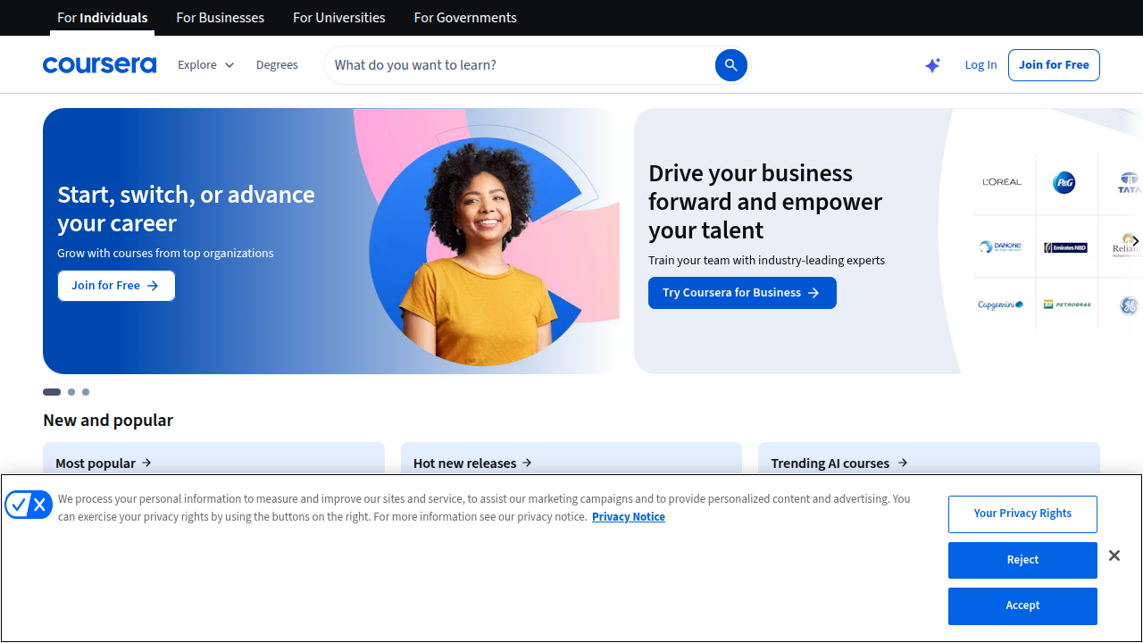Discover professional certificates on Coursera, including specialized programs in AI and machine learning.