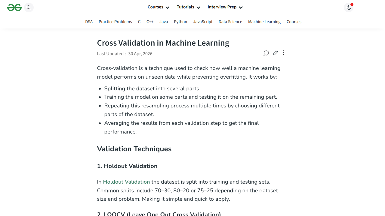 GeeksforGeeks explains cross-validation, a robust method for testing AI models to ensure true learning over memorization.