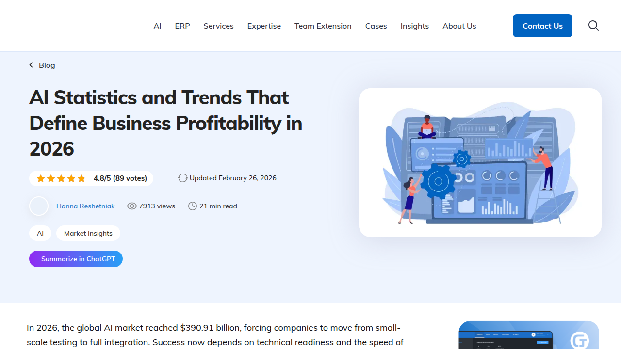 A screenshot of GloriumTech's 2026 AI Statistics & Trends page, illustrating the high volume of venture funding in the AI market.