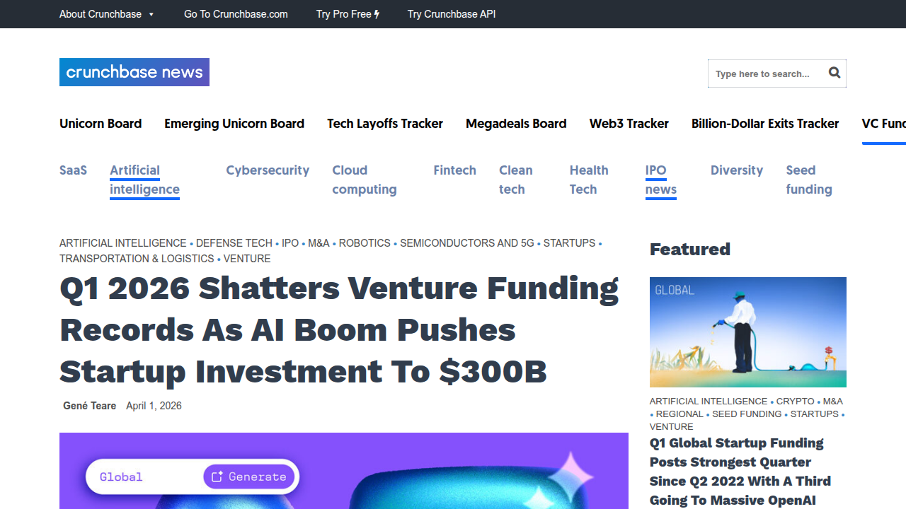 A screenshot of Crunchbase's report on record-breaking venture funding for AI globally in Q1 2026.