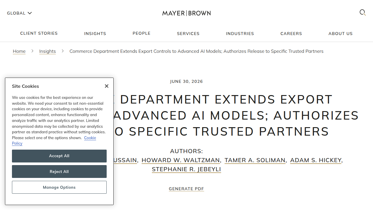 A screenshot of Mayer Brown's insights on the Commerce Department's extension of export controls to advanced AI models.