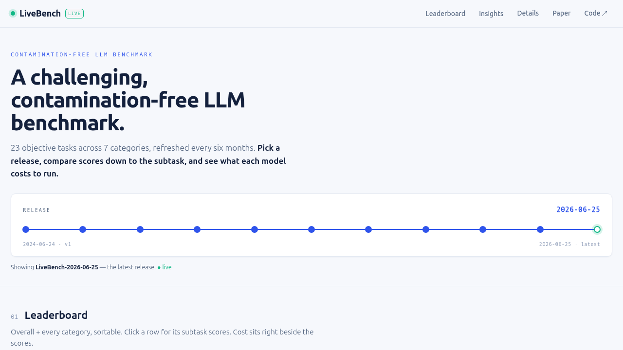A screenshot of LiveBench.ai, a platform dedicated to comparing the performance of different AI models and benchmarks.